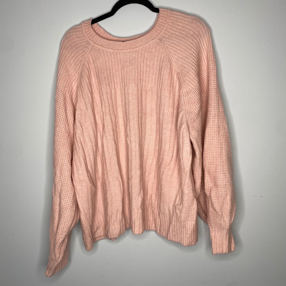 Athleta Pink Ribbed Waffle Knit Crewneck Sweater Plus Size 3X Merino Wool Blend